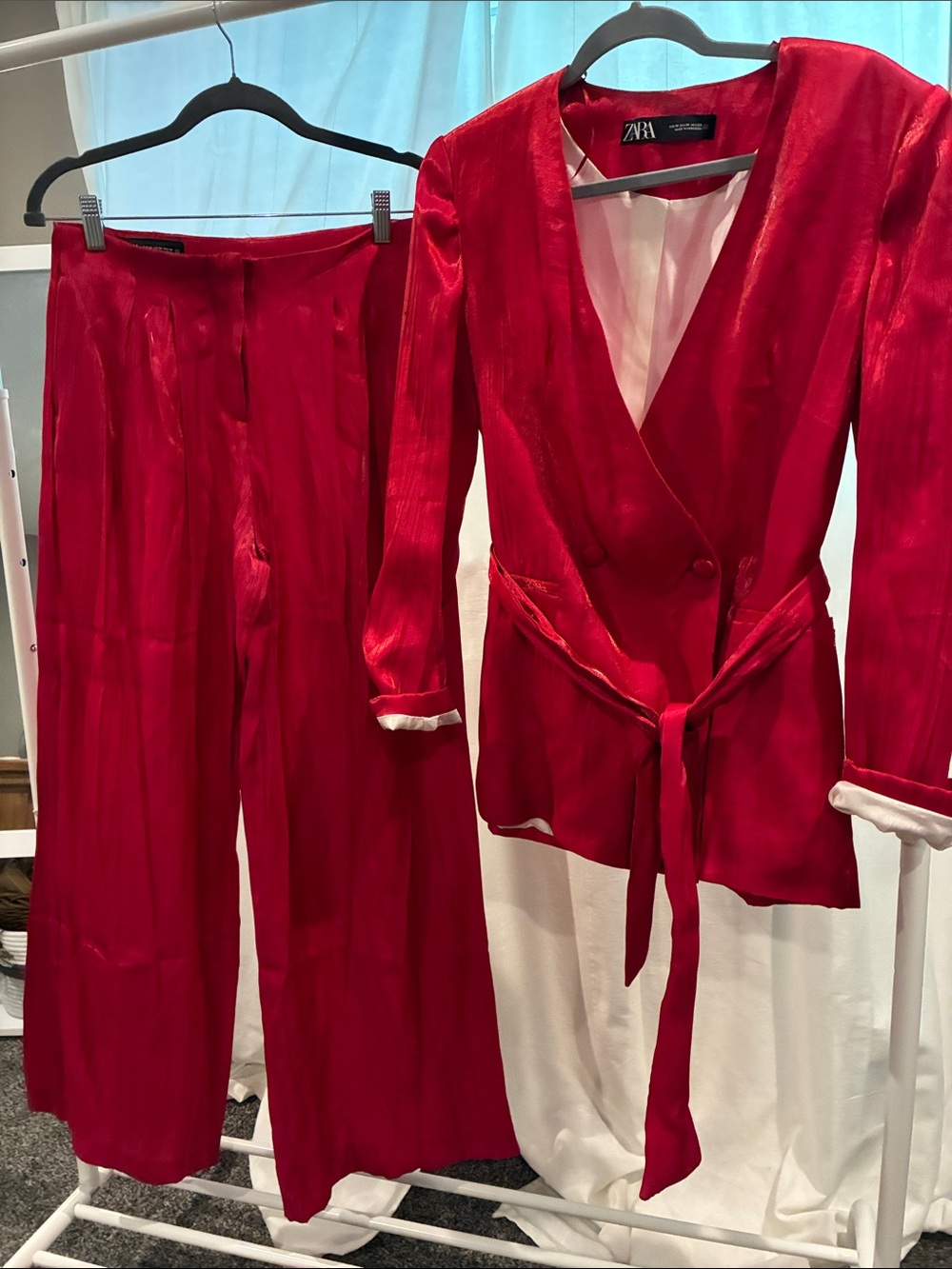 Zara Bright Red Satin Wide-Leg Pants with Tie-Waist Blazer
